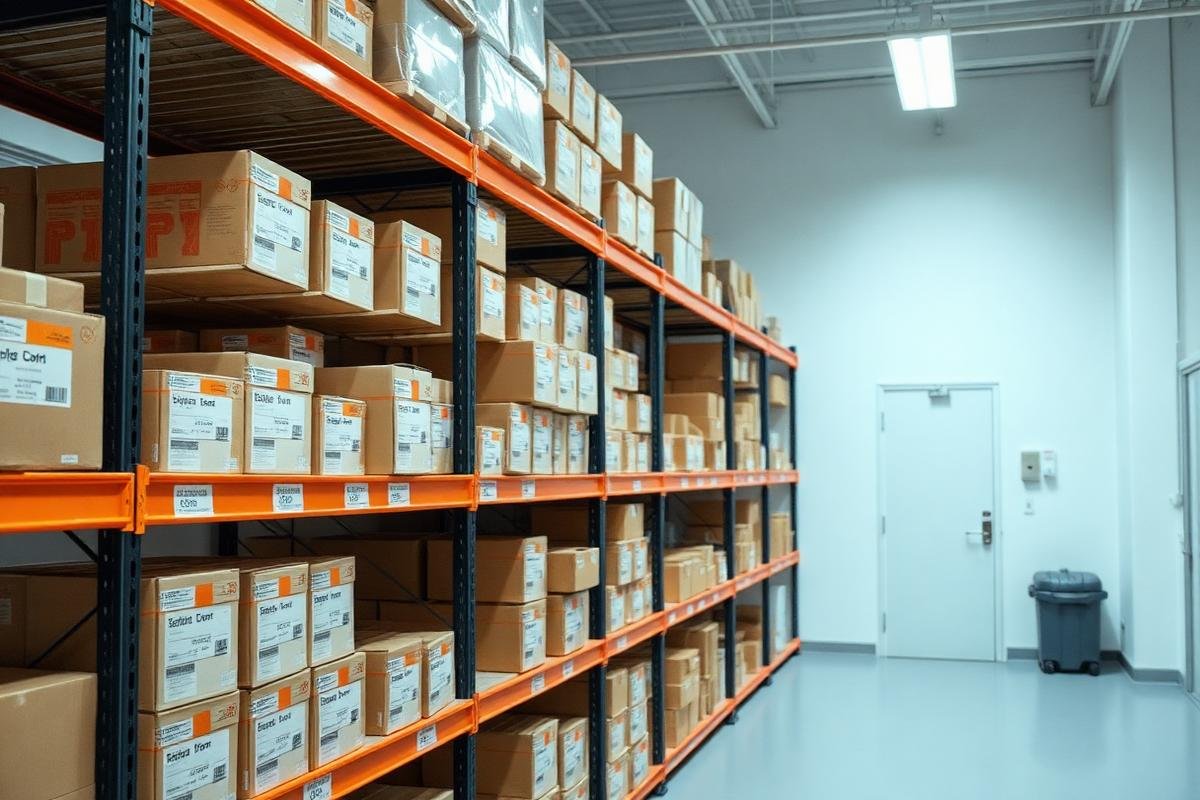 Estantería con cajas etiquetadas de insumos de laboratorio dentro de las instalaciones de PEPMX